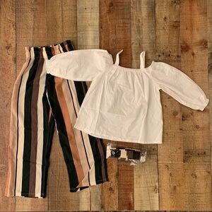 Shein kids striped wide leg pants with belt off the shoulder top in white 6-7YRS